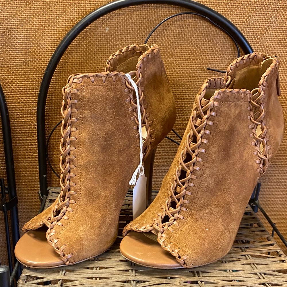 Michael Kors Collection Tan Suede Peep-Toe Lace-Up Ankle Boots